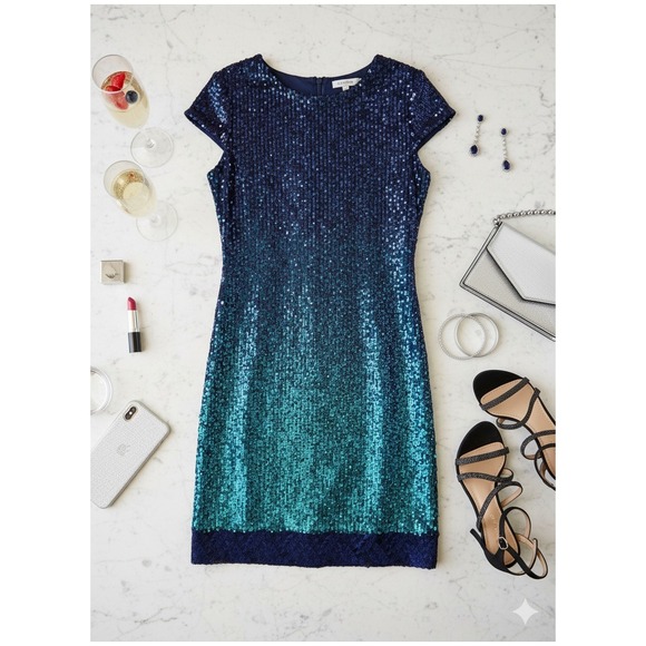 Dress the Population Sequin Dress Ombre Blue Green Cocktail Party Dress Sparkly - Picture 1 of 8